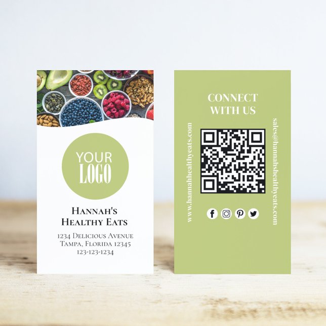 QR Code Simple Photo and Logo Green Business Card (Add your photo and logo to this simple business card. )