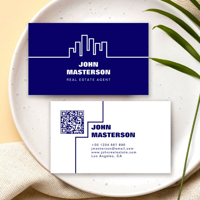 QR Code Simple Royal Blue Real Estate Agent Business Card (Creator Uploaded)