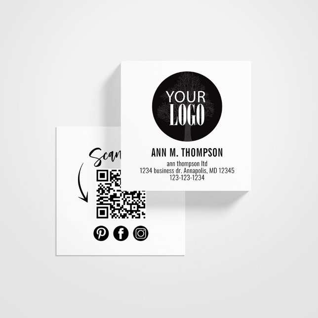QR Code Social Media Add Your Logo Square Business Card (Business card template with a scannable QR code and logo template. )