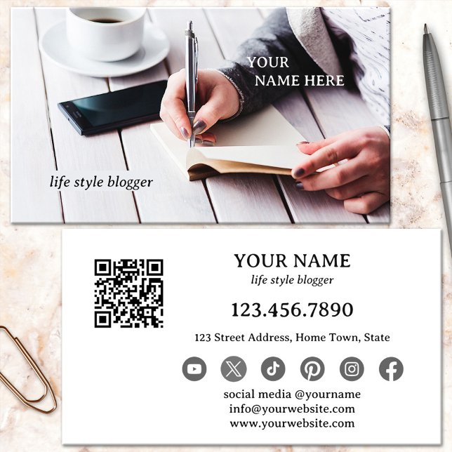 QR Code Social Media Blogger Business Card (Retro design business card featuring a woman writing - author or blogger - QR code - social media)