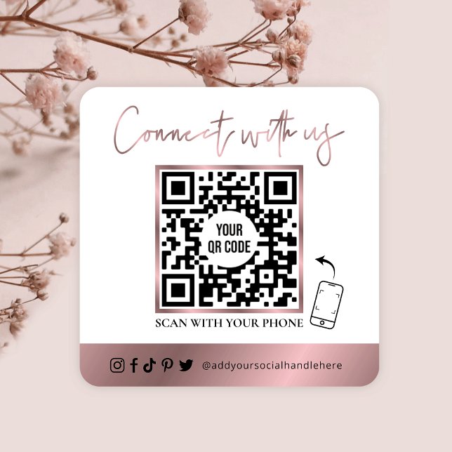 QR Code Social Media Glam Rose Gold Logo Square Business Card (Creator Uploaded)