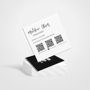 QR Code Socials Monogram Black Elegant  Square Business Card