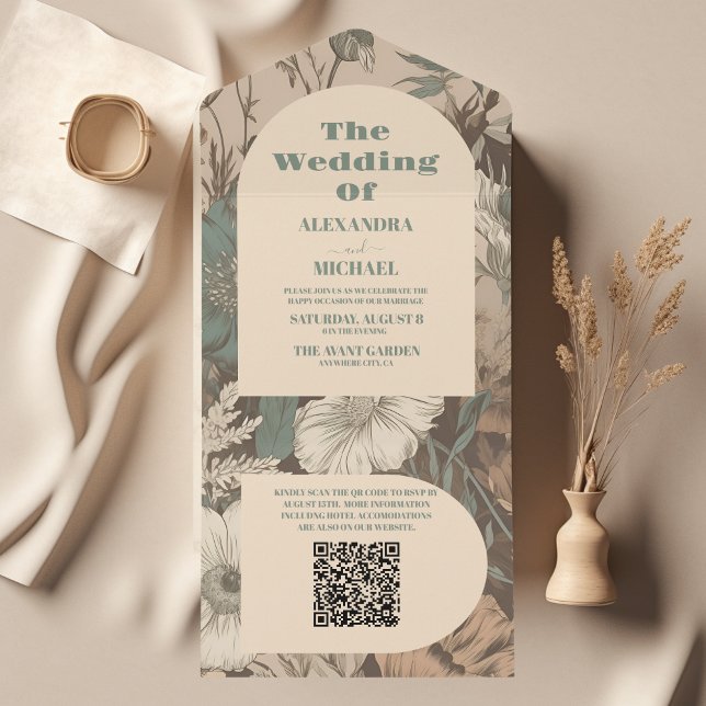 QR Code Soft muted earth tones Wildflowers Wedding All In One Invitation (Creator Uploaded)