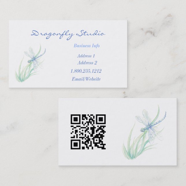 QR Code Soft Watercolor Blue Green Dragonfly Business Card (Front/Back)