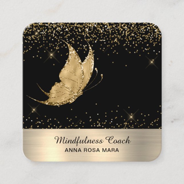 *~* QR code Star Gold Glitter Butterfly Mystical Square Business Card (Front)