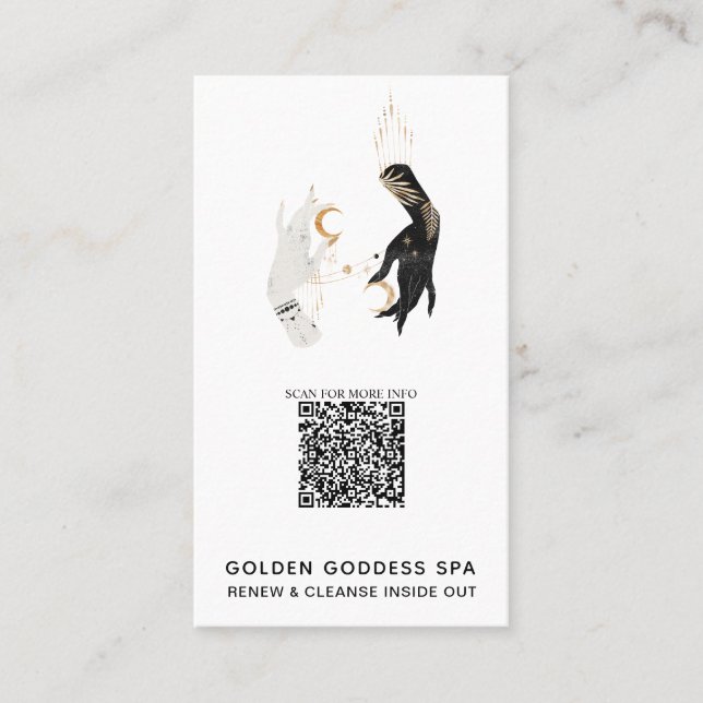 *~* QR Code Stars Moon Mystic Hands Gold Spa Business Card (Front)