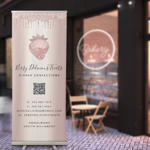QR Code Strawberry Confection Rose Gold Glitter Retractable Banner