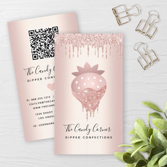 QR Code Strawberry Rose Gold Drip Confection Sweet Business Card (Creator Uploaded)