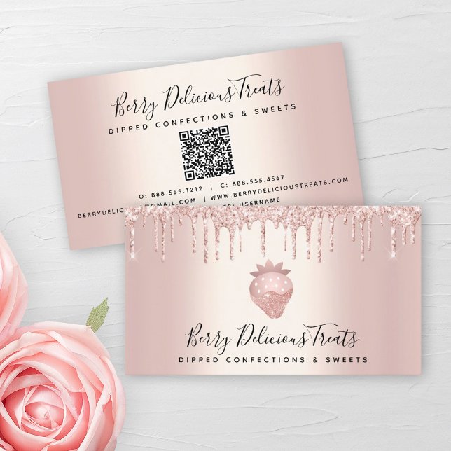 QR Code Strawberry Rose Gold Drips Confection Chef Business Card (Creator Uploaded)