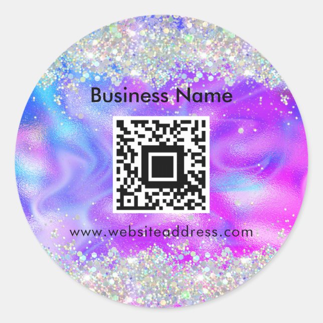 QR Code Stylish Holographic Glitter Purple Unique Classic Round Sticker (Front)