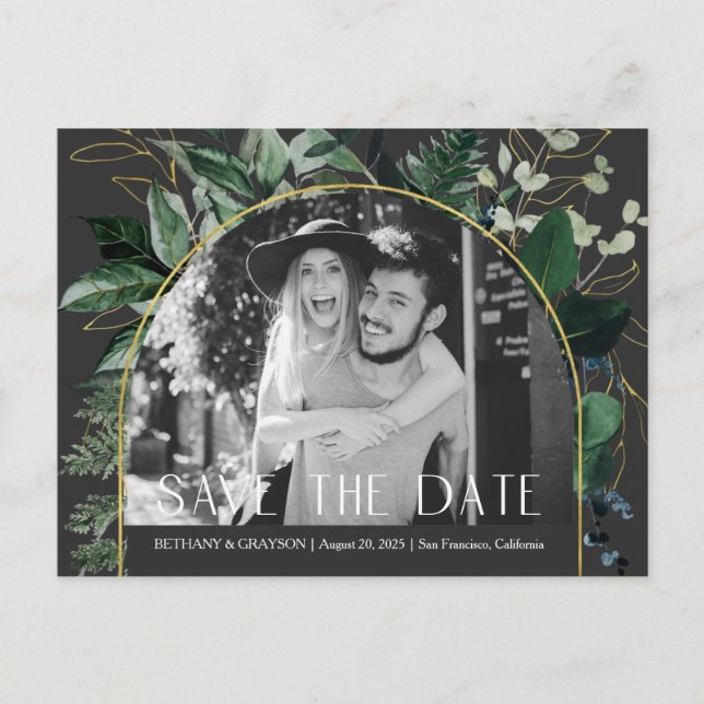 QR code, Stylish Modern Botanical photo save date Announcement Postcard (Front)