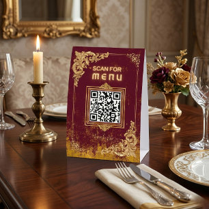 QR Code Table Sign – Vintage Gold Bordeaux Scan
