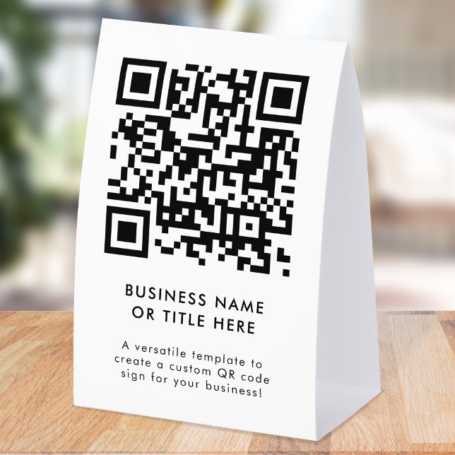 QR Code Table Tent | Business Tabletop Paper Sign (Professional editable sign template with interactive QR code for events & small business promotion.)