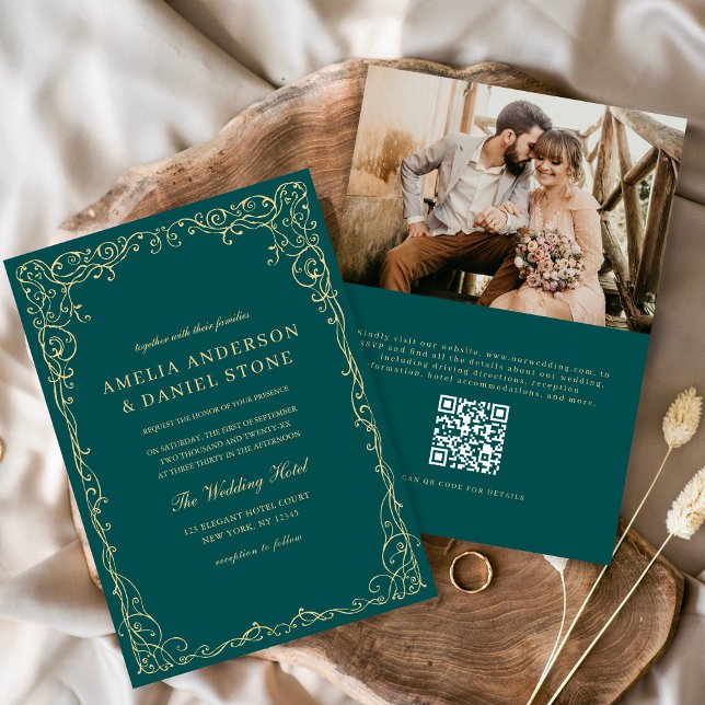 QR Code Teal Green Photo Minimalist Wedding Invitation (Creator Uploaded)