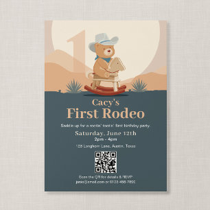 QR Code Teddy Bear Cowboy First Rodeo Birthday Invitation