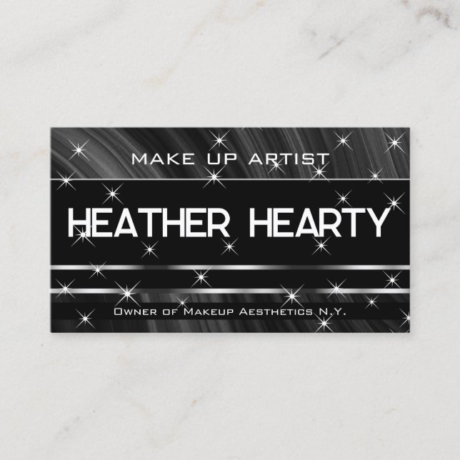 QR Code Template Luxe Black Silver Glitter Stars Business Card (Front)