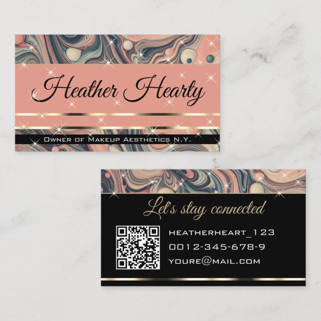 QR Code Template Luxury Marbled Peach Pink Stars Business Card (Front/Back)