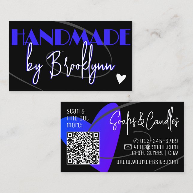 QR Code Template Stylish Blue Handmade Love Heart  Business Card (Front/Back)
