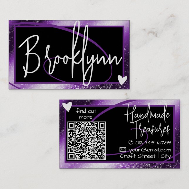 QR Code Template Stylish Purple Ombre Frame Heart  Business Card (Front/Back)