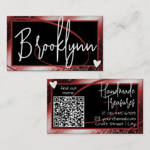 QR Code Template Stylish Red Burgundy Frame Heart  Business Card