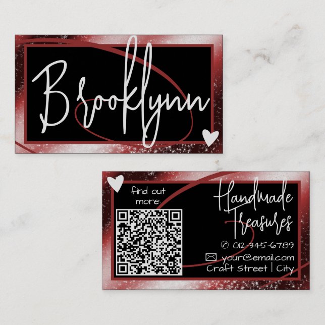 QR Code Template Stylish Red Burgundy Frame Heart  Business Card (Front/Back)
