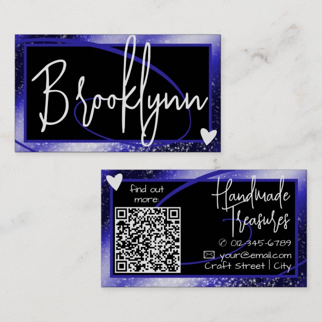 QR Code Template Stylish Royal Blue Frame Heart  Business Card (Front/Back)