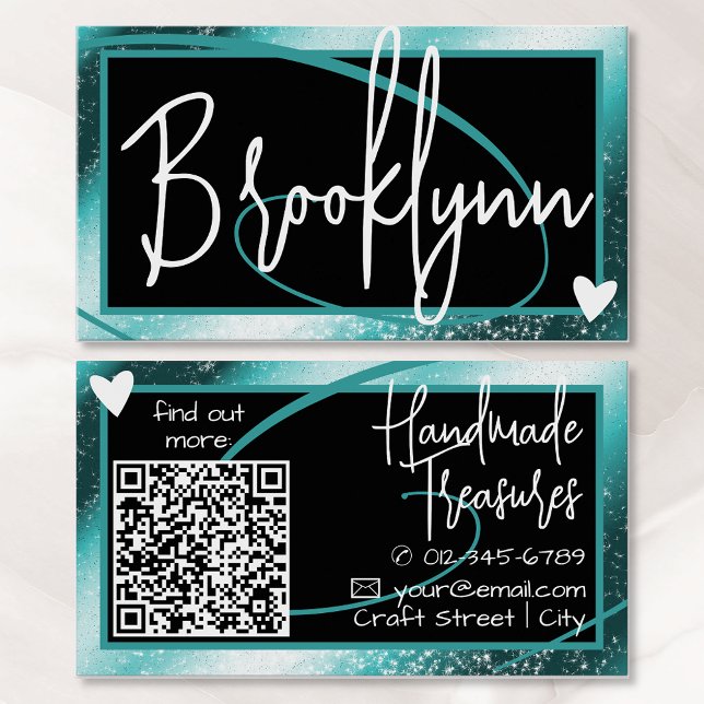 QR Code Template Stylish Teal Aqua Frame Heart  Business Card (Creator Uploaded)