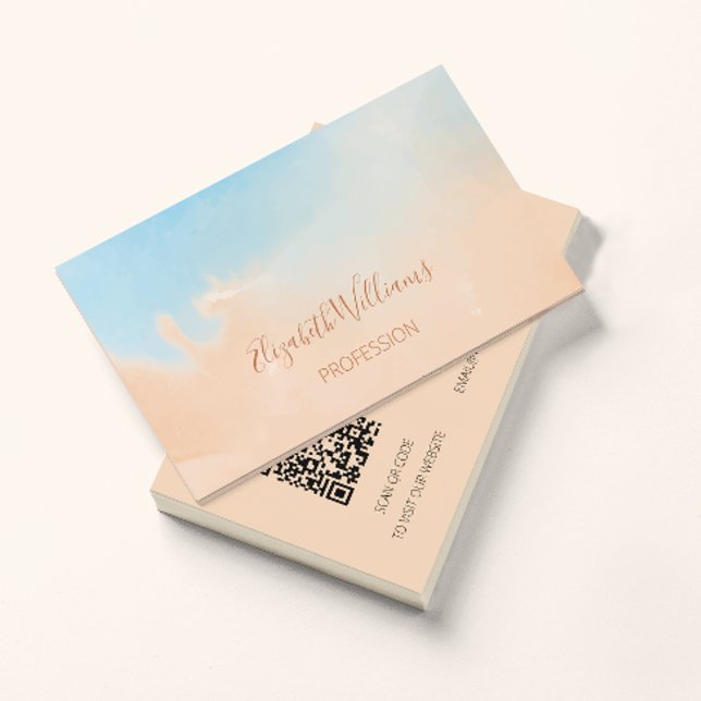 QR Code Terracotta Blue Watercolor Background Business Card (Creator Uploaded)
