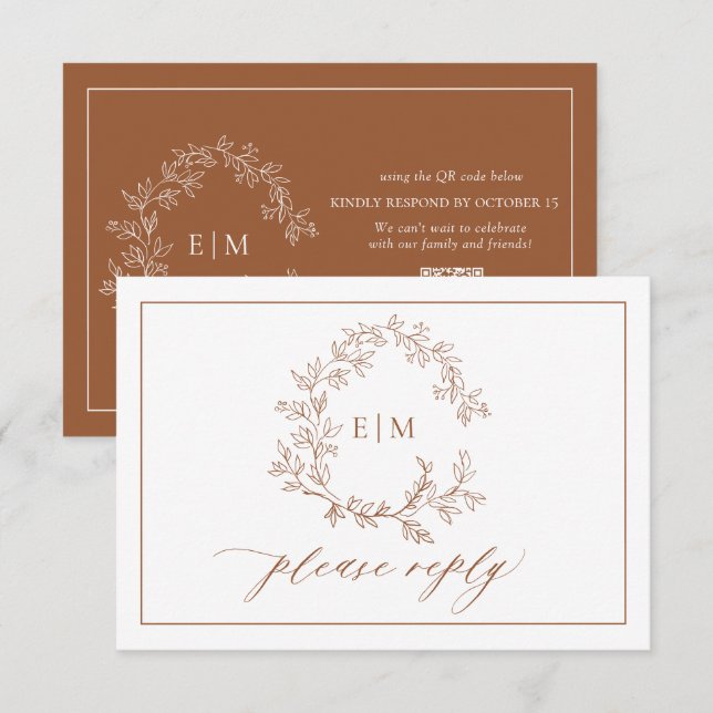 QR Code Terracotta Leafy Crest Monogram Wedding RSVP Card (Front/Back)