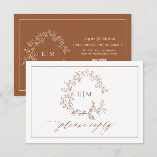 QR Code Terracotta Leafy Crest Monogram Wedding RSVP Card