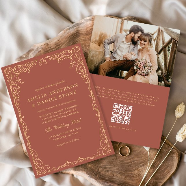QR Code Terracotta Photo Minimalist Wedding Invitation (Creator Uploaded)
