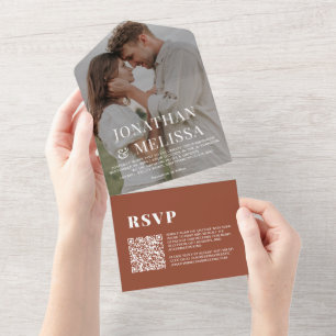 QR Code Terracotta Simple Overlay Photo Wedding All In One Invitation