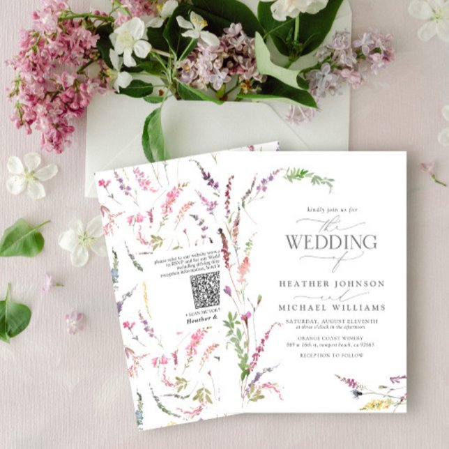 QR Code Trendy Elegant Wildflower Floral Wedding Invitation (Creator Uploaded)