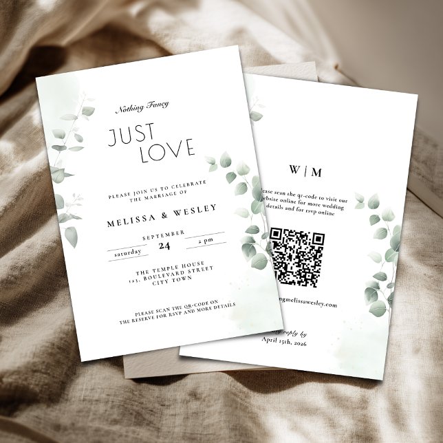 QR Code Trendy Greenery Just Love Wedding Invitation (Nothing fancy just love wedding invitation with greenery eucalyptus details.)