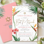 QR Code Tropical Bat Mitzvah Floral Gold Script Invitation<br><div class="desc">Be proud, rejoice and showcase this milestone of your favourite Bat Mitzvah! Send out this sophisticated, personalised QR code invitation for an event to remember. Stylish, stunning, colourful, tropical watercolor birds of paradise flowers, faux gold handwritten script, Star of David and glitter dots, along with dark rose pink and grey...</div>