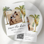 QR Code Tropical Beach Save The Date<br><div class="desc">Summer destination save the date cards! Crafted with a simple white background, 2 photos of the bride/groom, tropical watercolor palm trees, a QR code (replace this with your own), and an easy to customise elegant template. Picture this -- sand between your toes, an enchanting sunset over the deep blue sea...</div>