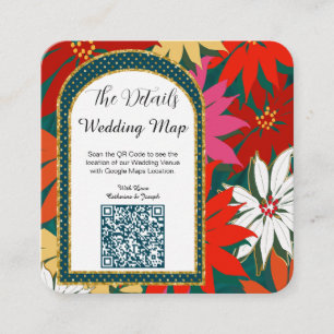 QR Code Tropical Flowers Wedding Map & The Details Square Business Card