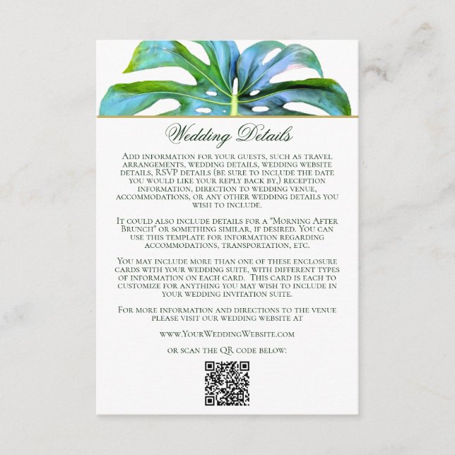 QR Code Tropical Leaf Beach Wedding Details Enclosure Card (Front)