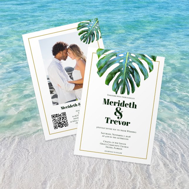 QR Code Tropical Leaf Photo Modern Beach Wedding Invitation (Creator Uploaded)