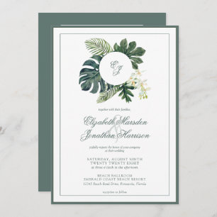 QR Code Tropical Monstera Orchids Monogram Photo Invitation