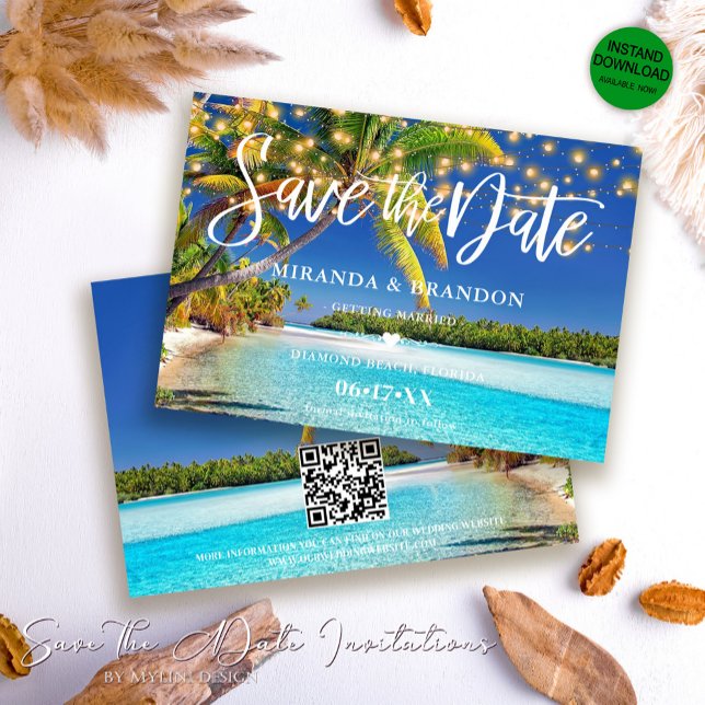 QR Code Tropical Palm Beach Save the Date Card (Creator Uploaded)