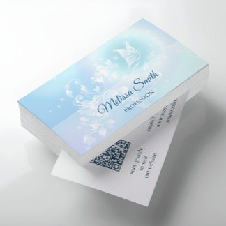 QR Code | Turquoise Blue Floral Butterfly Business Card