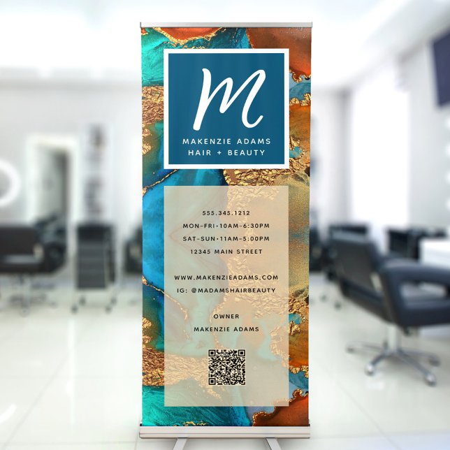 QR Code Turquoise Gold Orange Agate Monogram Bold Retractable Banner (Creator Uploaded)