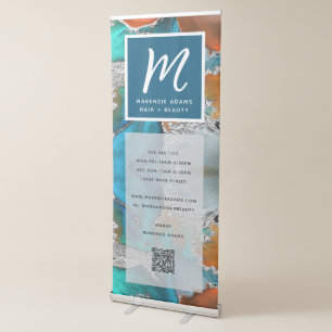 QR Code Turquoise Orange Silver Agate Monogram Retractable Banner