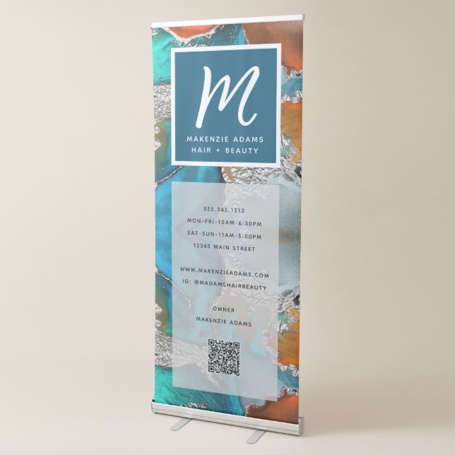 QR Code Turquoise Orange Silver Agate Monogram Retractable Banner (3/4)