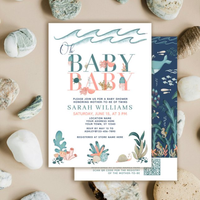 QR Code Twins Under the Sea Oh Baby Baby Shower Invitation (Creator Uploaded)