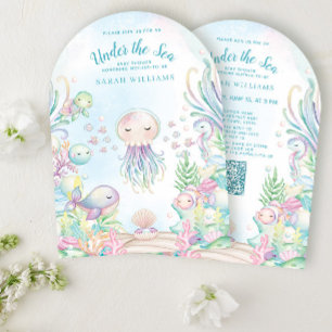 QR Code Under the Sea Blue Watercolor Baby Shower Invitation