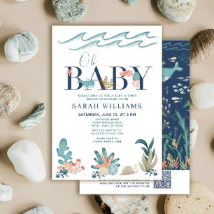 QR Code Under the Sea Watercolor Oh Baby Shower Invitation