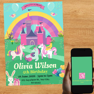QR Code Unicorns Rainbow Magic Birthday Invitation
