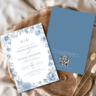 QR Code Victorian French Dusty Blue Wedding Invitation